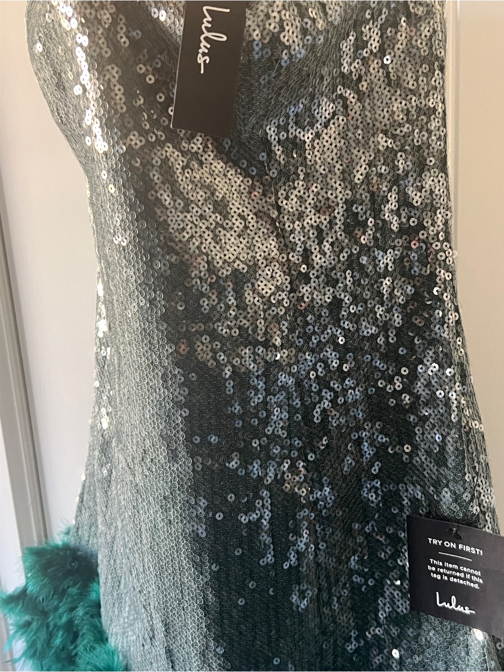 Lulu's Especially Fabulous Emerald Sequin Feather Strapless Mini Dress - Picture 4 of 7